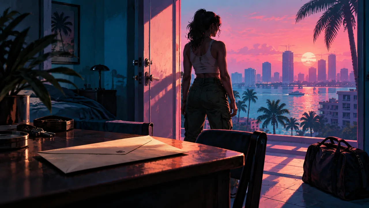 AI illustration: An anonymous woman in an open doorway beside an envelope and travel bag.