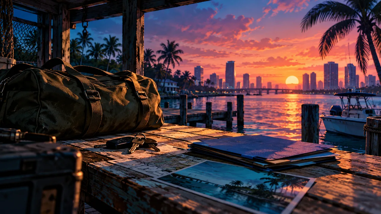 AI illustration: A duffel bag, keys and blue folders on a marina workbench at sunset.