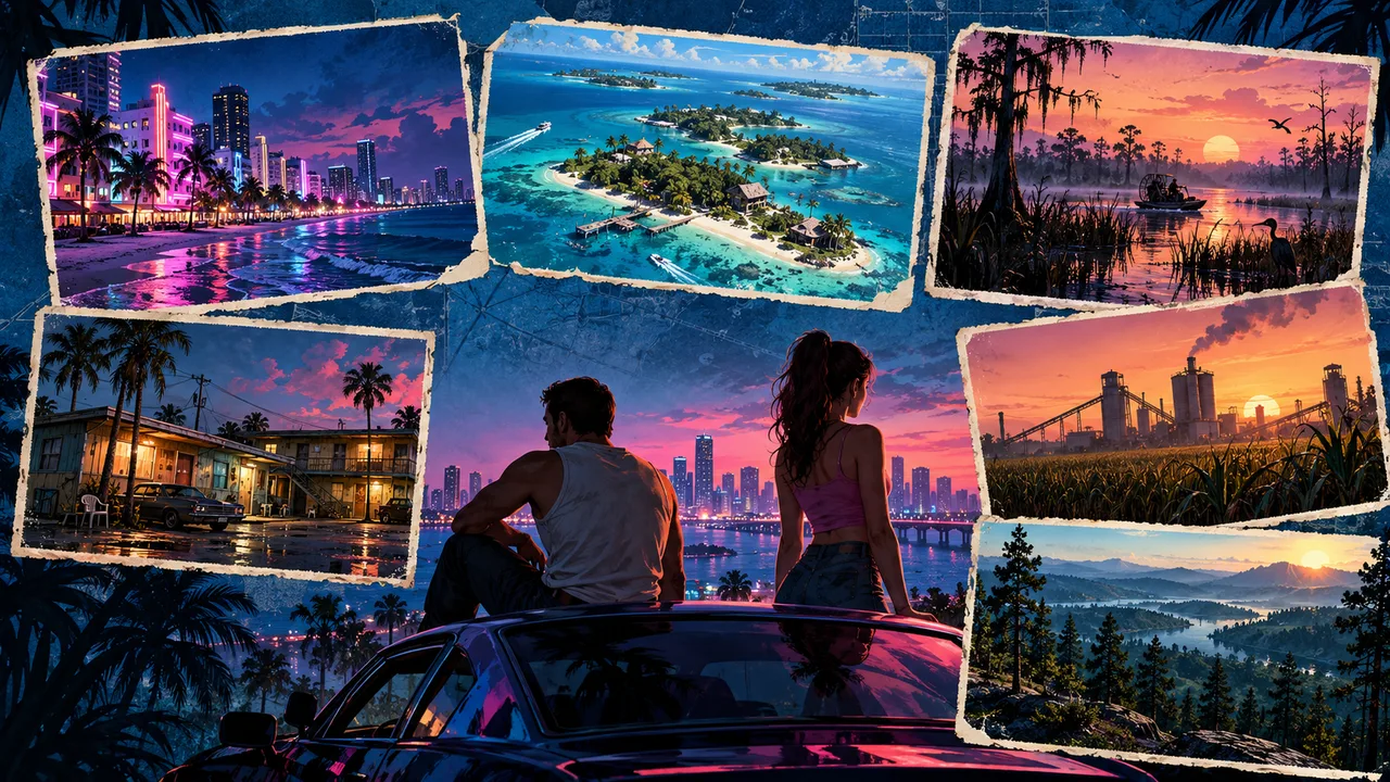 AI illustration: Six imagined landscape postcards around a fictional coastal skyline.